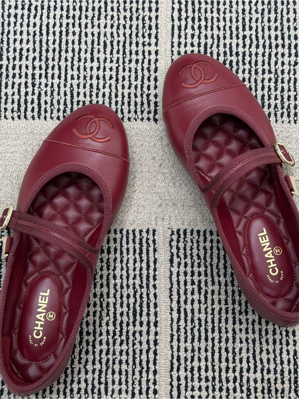 CHANEL Burgundy Quilted Mary Jane Flats with CC Logo